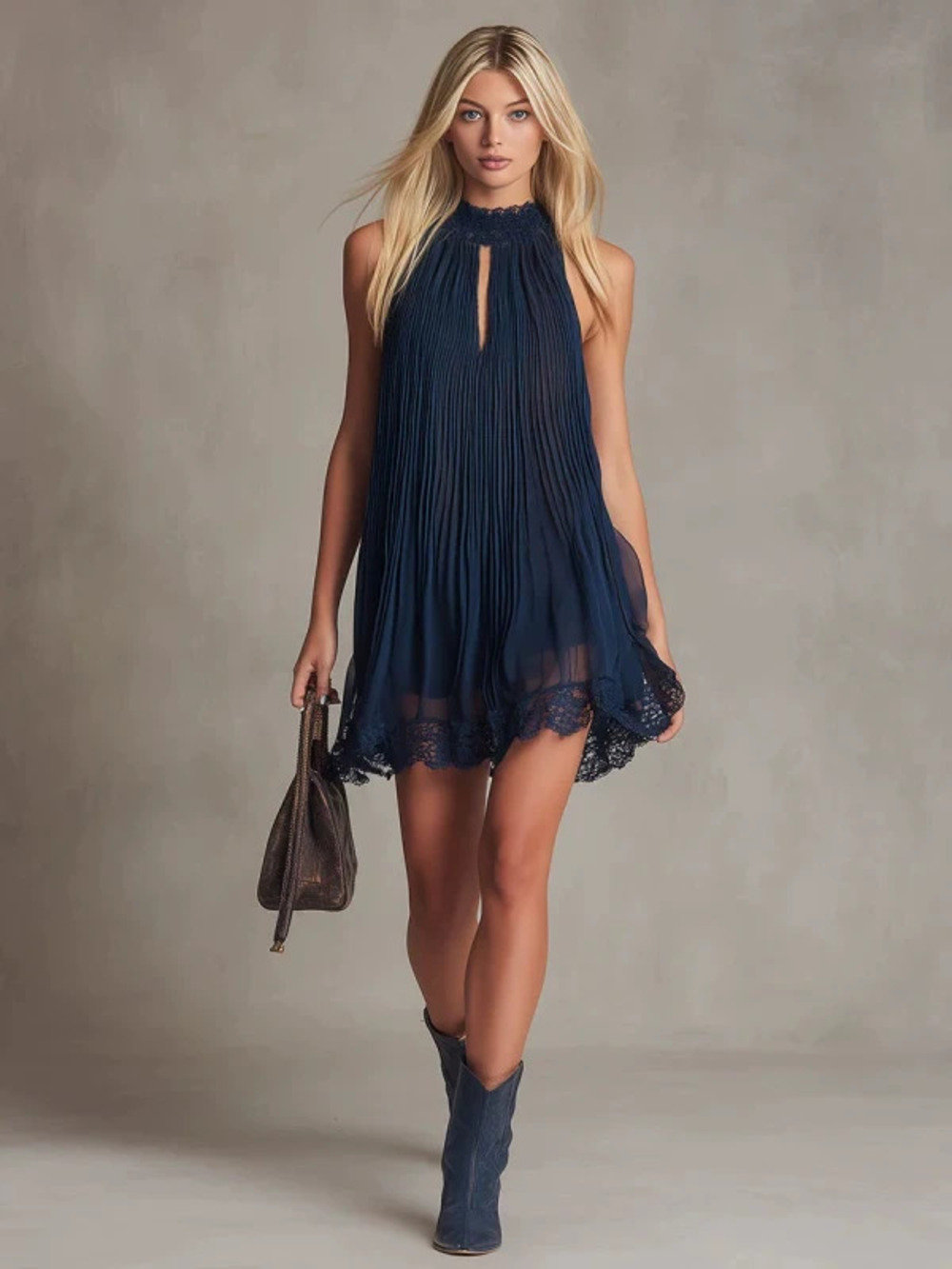 H&M   New Fashion Retro Women Lace Trim Blue Sleeveless Chiffon Skirt